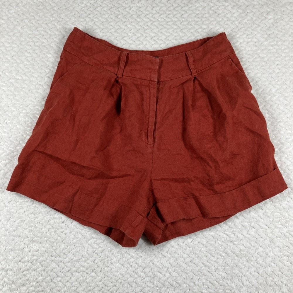 Zara Woman 100% Linen Shorts XS Red Pockets Costal Lagenlook Breathable